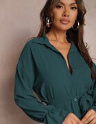 j studio Rochie Verde închis de cămașă Mini cu Volan și Curea Legată Blisotta