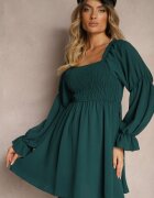 j studio Rochie Verde închisă cu Corsaj elastic cu croi evazat cu volane Savione