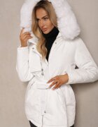 j.style Geacă Albă Legată în Talie cu Glugă și Blană Detașabilă Tintethia