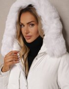j.style Geacă Albă Legată în Talie cu Glugă și Blană Detașabilă Tintethia