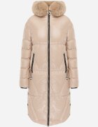 j.style Geacă Bej Deschis Lungă Matlasată cu Glugă și Blană Detașabilă Semivin