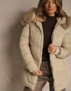 j.style Geacă Bej închis cu cusături matlasate și glugă cu blană Anindrie