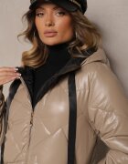 j.style Geacă Bej Închis Matlasată Cu Croi Lung Cu Glugă Decorată Cu Șnururi Polezi