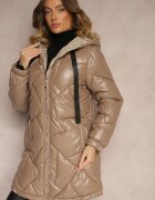 j.style Geacă Bej închis Matlasată Model lung Cu glugă Decorată cu șnururi Polezi