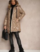 j.style Geacă Bej închis Matlasată Model lung Cu glugă Decorată cu șnururi Polezi