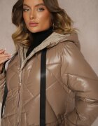 j.style Geacă Bej închis Matlasată Model lung Cu glugă Decorată cu șnururi Polezi
