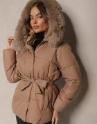 j.style Geacă Bej Matlasată cu Glugă și Guler Detașabil Legată în Talie Sialwenna
