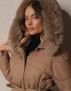 j.style Geacă Bej Matlasată cu Glugă și Guler Detașabil Legată în Talie Sialwenna