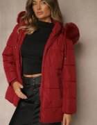 j.style Geacă Bordeaux Clasică cu Cusături Matlasate și Glugă cu Blană Mundrie