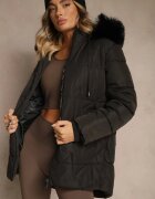 j.style Geacă Clasic Negru cu Cusături Matlasate și Glugă cu Blană Mundrie