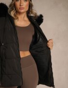 j.style Geacă Clasic Negru cu Cusături Matlasate și Glugă cu Blană Mundrie