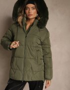 j.style Geacă Clasică Verde închis cu Cusături Matlasate și Glugă cu Blană Mundrie
