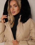 j.style Geacă lungă bej cu cusături matlasate buzunare și glugă cu blană detașabilă Lilunea