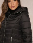 j.style Geacă Lungă Neagră cu Buzunare cu Fermoar și Glugă Chetrisa