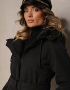 j.style Geacă Lungă Neagră Matlasată cu Bumbac și Glugă Decorată cu Curea cu Cataramă Seniraen