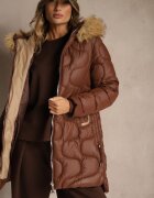 j.style Geacă Maro Matlasată cu Glugă cu Ornament de Blană Olinedia