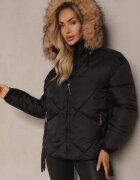 j.style Geacă Neagră cu Cusături Matlasate Glugă și Fente cu Capse Tintovia