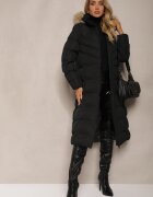 j.style Geacă Neagră de Iarnă cu Cusături Matlasate și Glugă cu Blană Alirina