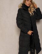 j.style Geacă Neagră de Iarnă cu Cusături Matlasate și Glugă cu Blană Alirina