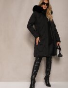 j.style Geacă Neagră Lungă cu Cusături Matlasate Decorative cu Glugă și Blană Verticea