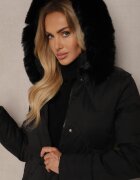 j.style Geacă Neagră Lungă cu Cusături Matlasate Decorative cu Glugă și Blană Verticea