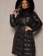 j.style Geacă Neagră Lungă Matlasată cu Glugă Detașabilă cu Blană și Curea Iveleti