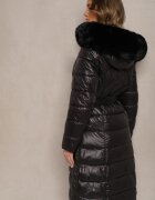 j.style Geacă Neagră Lungă Matlasată cu Glugă Detașabilă cu Blană și Curea Iveleti
