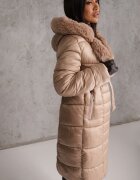 j.style Geacă palton bej matlasată sub genunchi cu cordon și blană Vivenda