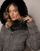 j.style Geacă Palton Lungă Gri-Negru reversibilă cu glugă Astrae