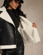 j.style Geacă Ramones Neagră stil Biker cu blană și Catarame Mendrie