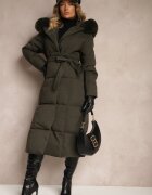 j.style Geacă Verde închis cu glugă cu garnitură de blană cu curea și cusături matlasate în carouri Kikila