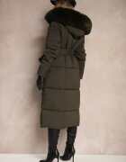 j.style Geacă Verde închis cu glugă cu garnitură de blană cu curea și cusături matlasate în carouri Kikila
