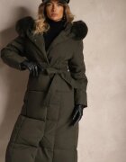 j.style Geacă Verde închis cu glugă cu garnitură de blană cu curea și cusături matlasate în carouri Kikila