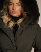 j.style Geacă Verde închis cu glugă cu garnitură de blană cu curea și cusături matlasate în carouri Kikila