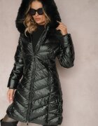 j.style Geacă Verde închis Matlasată Metalică cu Glugă și Blană Vivana