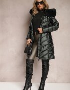j.style Geacă Verde închis Matlasată Metalică cu Glugă și Blană Vivana
