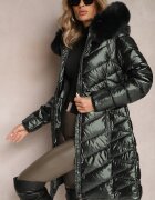 j.style Geacă Verde închis Matlasată Metalică cu Glugă și Blană Vivana