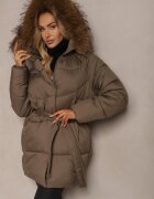 j.style Geacă Verde închisă cu cusături matlasate cu glugă cu blană detașabilă legată în talie Issarelia