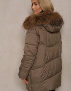j.style Geacă Verde închisă cu cusături matlasate cu glugă cu blană detașabilă legată în talie Issarelia