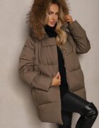 j.style Geacă Verde închisă cu cusături matlasate cu glugă cu blană detașabilă legată în talie Issarelia