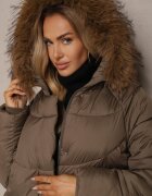 j.style Geacă Verde închisă cu cusături matlasate cu glugă cu blană detașabilă legată în talie Issarelia