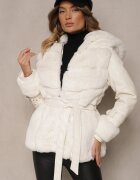 j.style Jachetă Bej cu imitație de blană mâneci din piele ecologică cu catarame glugă și curea cu înnodare Mesizelle