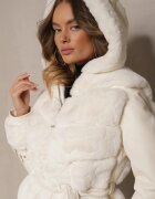 j.style Jachetă Bej cu imitație de blană mâneci din piele ecologică cu catarame glugă și curea cu înnodare Mesizelle