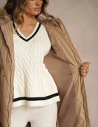j.style Jachetă bej închis cu cusături matlasate și glugă cu blană Alandrie