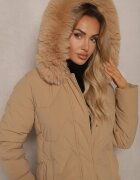 j.style Jachetă Bej Lungă cu Matlasare Decorativă cu Glugă și Blană Verticea