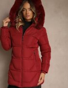 j.style Jachetă bordeaux cu matlasări și glugă cu blană Anindrie