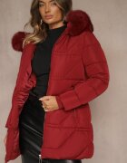 j.style Jachetă bordeaux cu matlasări și glugă cu blană Anindrie
