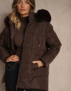 j.style Jachetă Clasică Maro cu Cusături Matlasate și Glugă cu Blană Mundrie