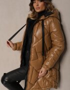 j.style Jachetă Maro deschis matlasată cu croi lung cu glugă decorată cu șnururi Polezi