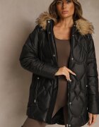 j.style Jachetă Neagră cu Cusături Matlasate și Glugă cu Blană Olarissa